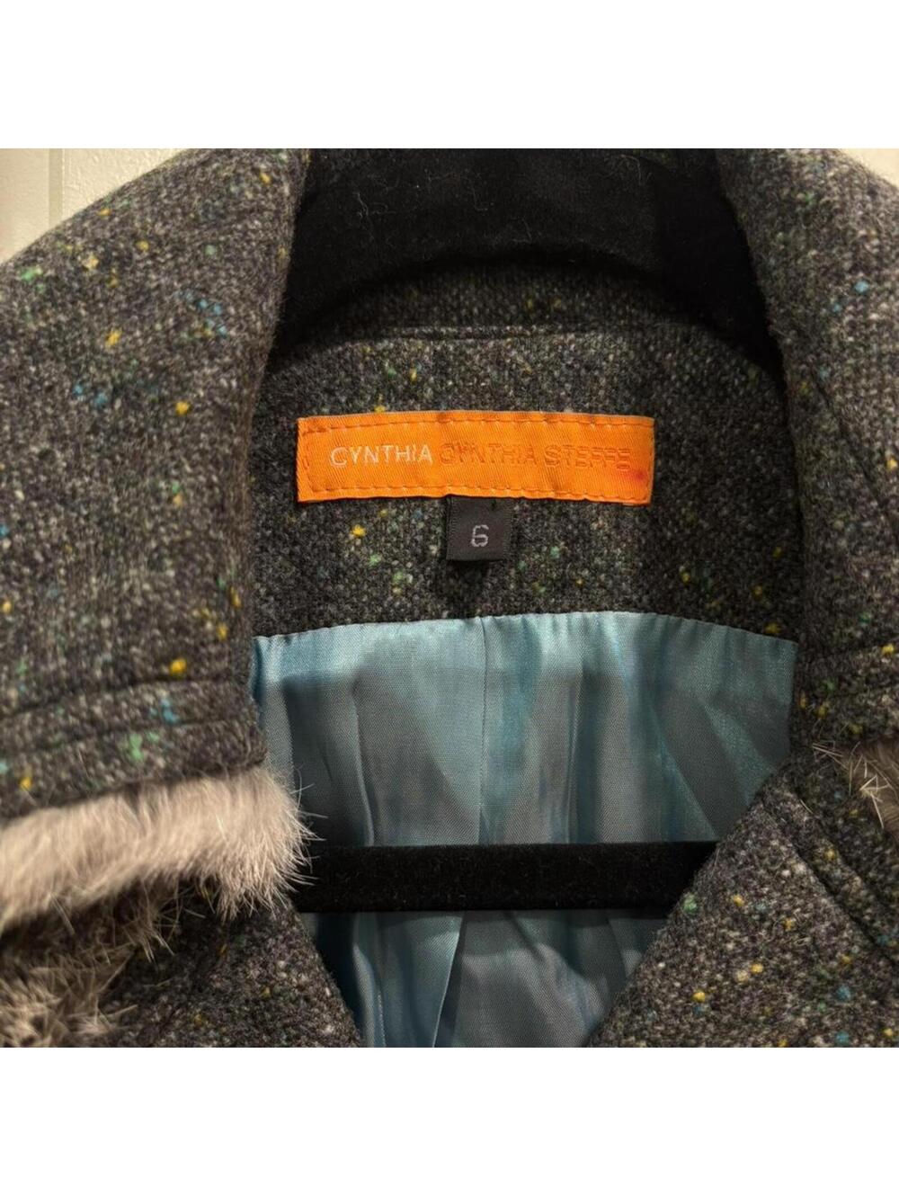 Cynthia Steffe - Wool Tweed Peplum Coat with Rabbit Fur Trim. - Picture 5 of 7